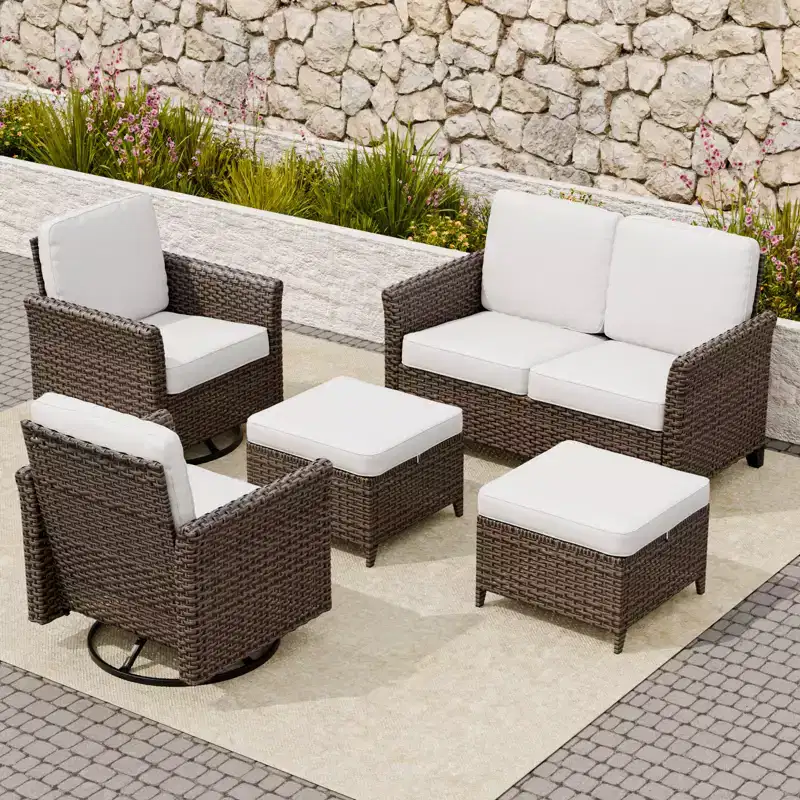 EAGLE PEAK Ocean Vista 5 piece Patio Variated Brown Wicker Conversation Set Swivel Chairs, Loveseat