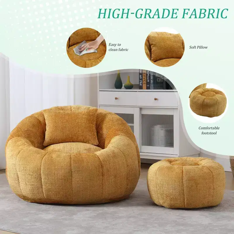Modern Bean Bag Chairs, Comfy Round Chair for Adults with Ottoman, Leisure Single Sofa Reading Chair with Pillow for Living Room, Bedroom
