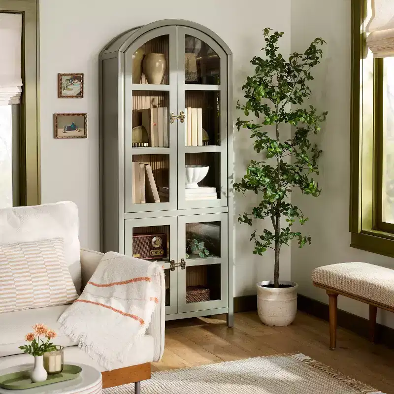 Grooved Wood with Glass 4-Door Arch Cabinet, Sage Green, 76 Inch Tall
