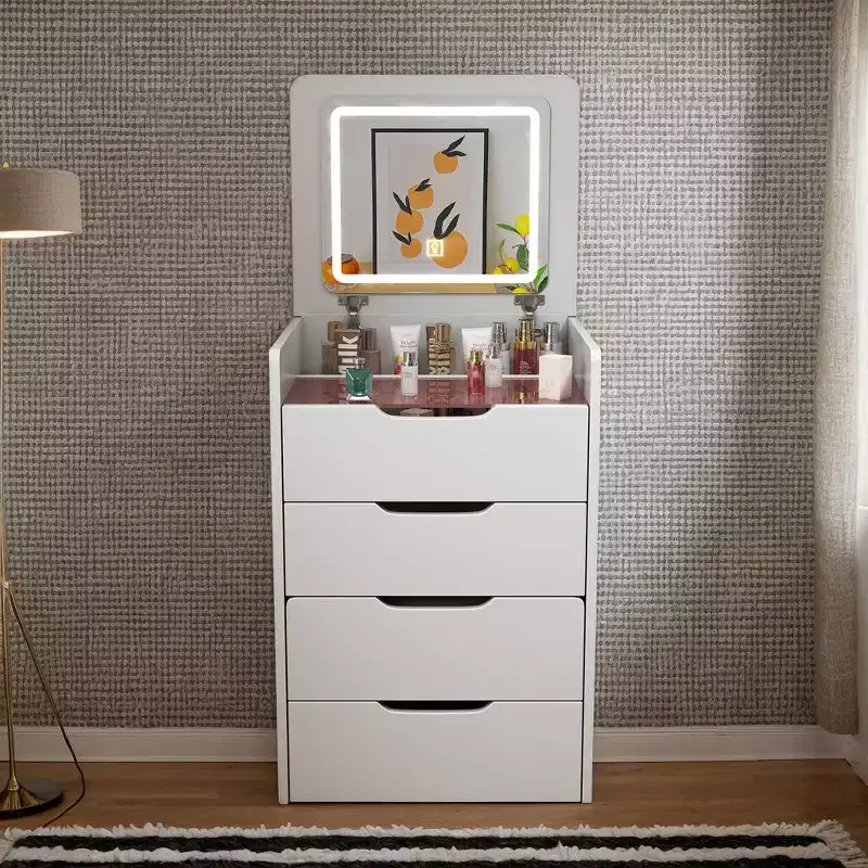 3-In-1 Vanity Table with Plip Top Mirror, Compact Vanity with Visible Glass Desktop and Cushioned Tool, Vanity Desk for Bedroom
