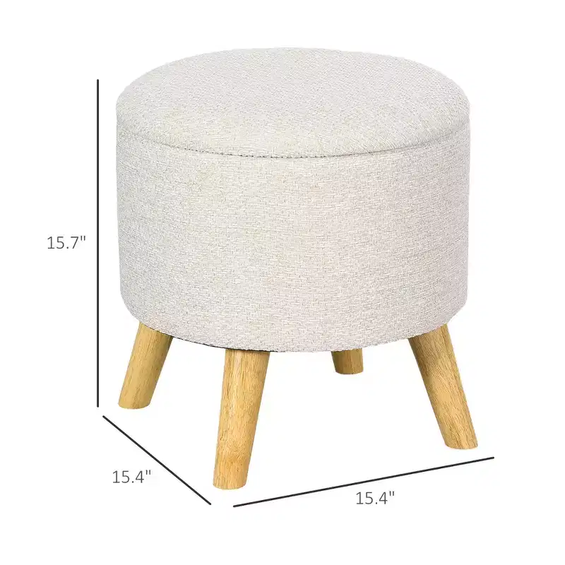 Round Ottoman Stool with Storage, Linen Fabric Upholstered Foot Stool with Padded Seat