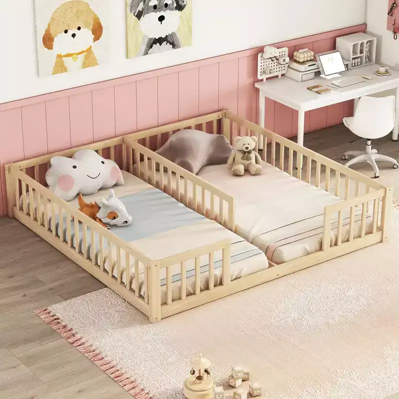 Double Twin Floor Bed with Guardrail, Wood Platform Bed with Fence for 2 Kids