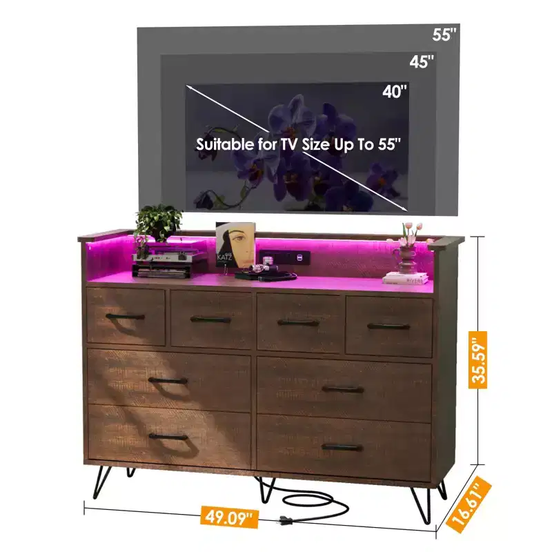 Dresser for Bedroom with LED Light, Charging Station, 8 Drawers, Open Space, Modern Wide Chest for Living Room Entryway Hallway