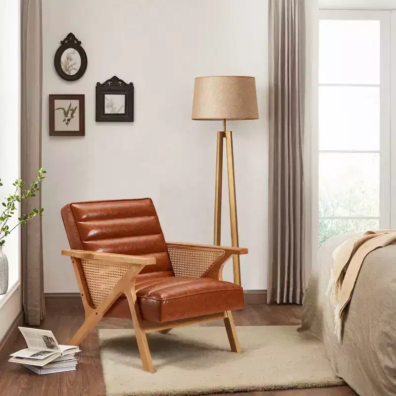 EROMMY Modern Leather Accent Chair Natural Rattan Upholstered Armchair With Solid Wood Frame