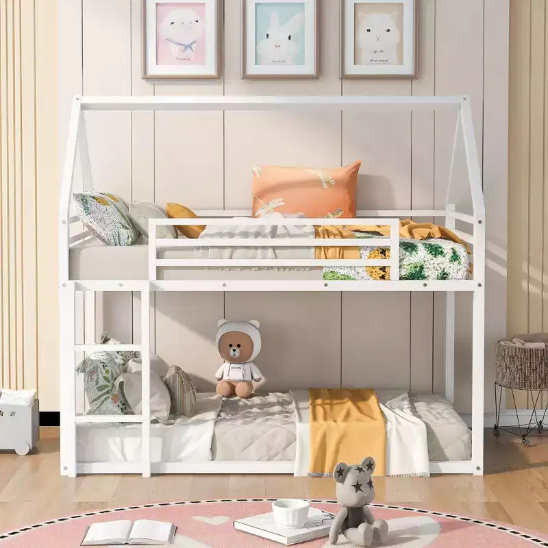 Okak Twin over Twin Metal House Bunk Bed with Built-in Ladder Low Loft Bunk Bed with Safety Guardrail for Kids Teens, Easy Assemble