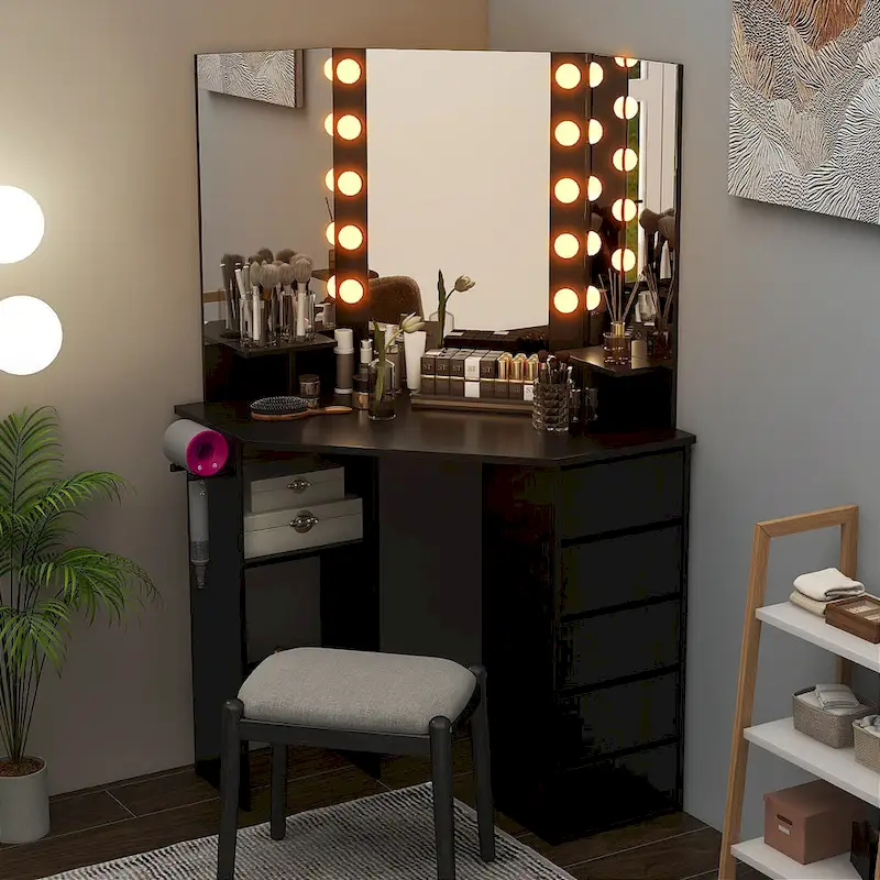 Corner Vanity Desk Cosmetic Vanity Station with LED Mirror