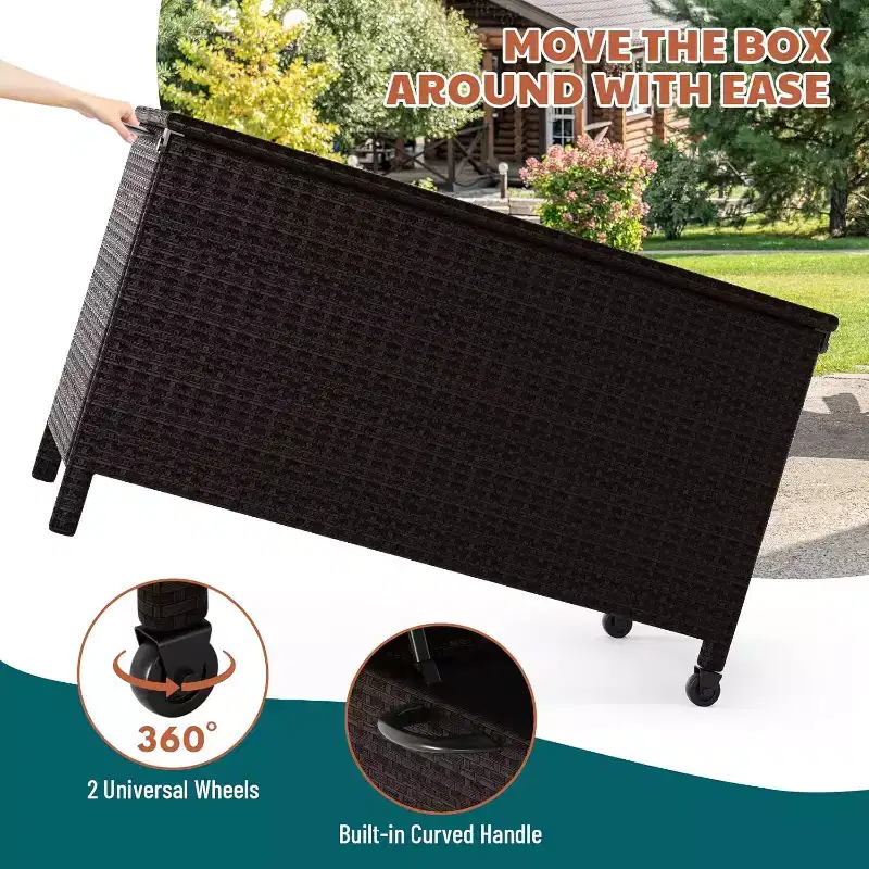 125 Gallon Outdoor Wicker Deck Box, All-Weather Waterproof Patio Storage with PE Rattan Finish & Steel Frame, for Cushions, Garden Tools