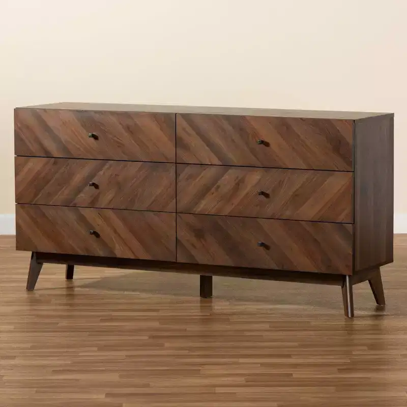 6-Drawer Dresser Walnut Brown Mid-Century Modern 63