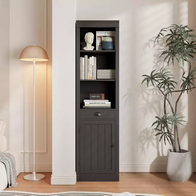 71 inch Tall Bookcase with Drawers & Doors, 3-Tier Open Bookshelf with Adjustable Shelves, Narrow Storage Cabinet for Living Room, Black