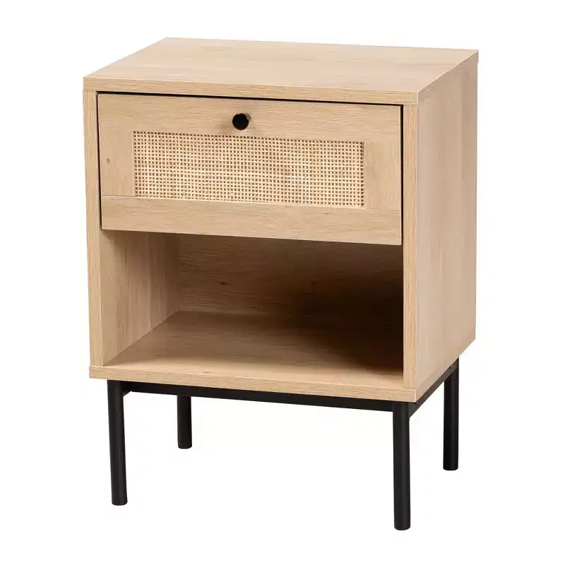 Mid-Century Modern Light Brown and Black 1-Drawer End Table with Woven Rattan Accent