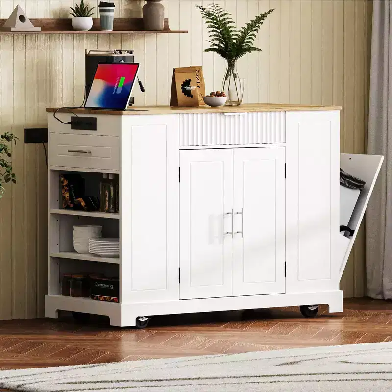 Okak Fluted Kitchen Island with Trash Cabinet, Countertop Organizer with Internal Storage Rack and Power Outlet, 5 Wheels Kitchen Cart