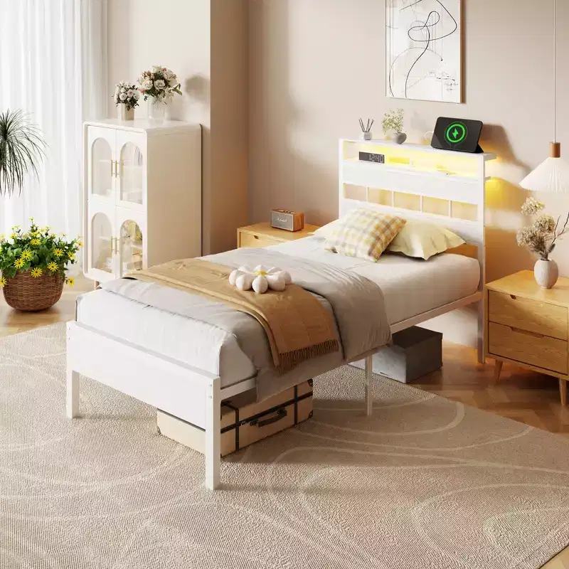 White Twin Platform Bed Frame with Bookcase Storage Headboard LED Lights Charging Station Metal Support No Box Spring Needed Kids Dorm Room