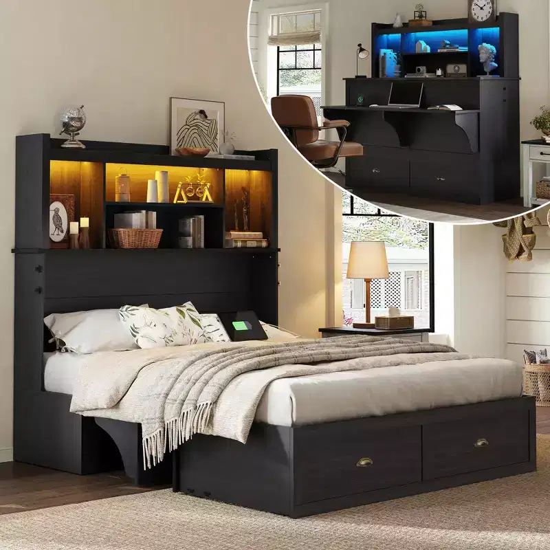 Murphy Bed with Desk, Bookcase Headboard & LED Light, Storage Drawer & Charging Station
