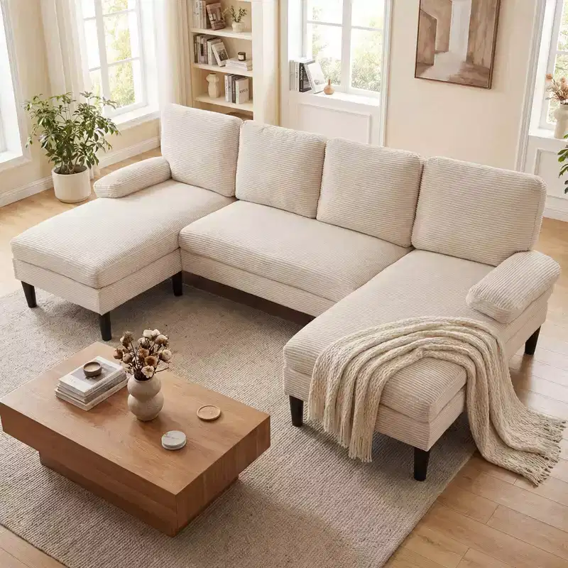 Costway Sectional Couch, U-shaped Sofa with Double Chaise, Padded Pillow Armrests for Home Beige/Green/Gray