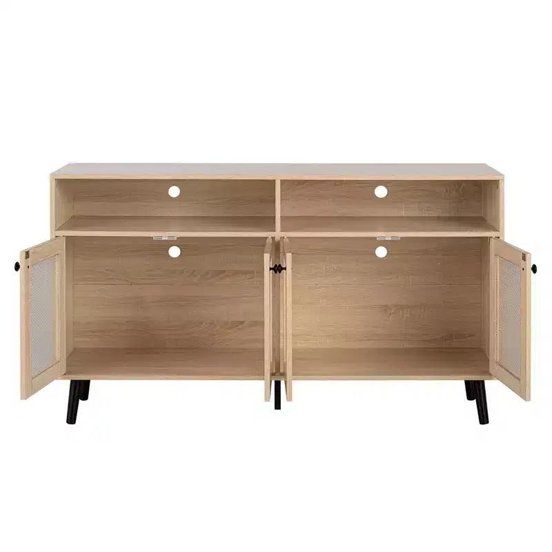 56-Inch Mid-Century Modern TV Stand, Entertainment Center with Open Shelving, Tapered Leg Design, Round Knob Cabinet Doors, Natural
