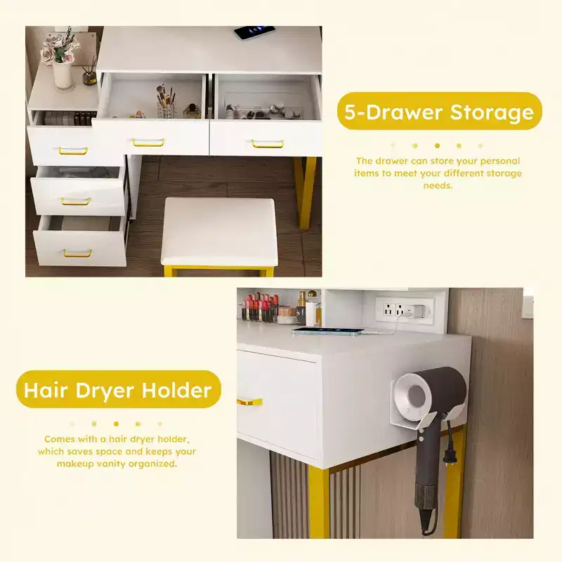 Vanity Desk with LED Lights, Power Outlet & 5 Drawers, Metal Legs, White