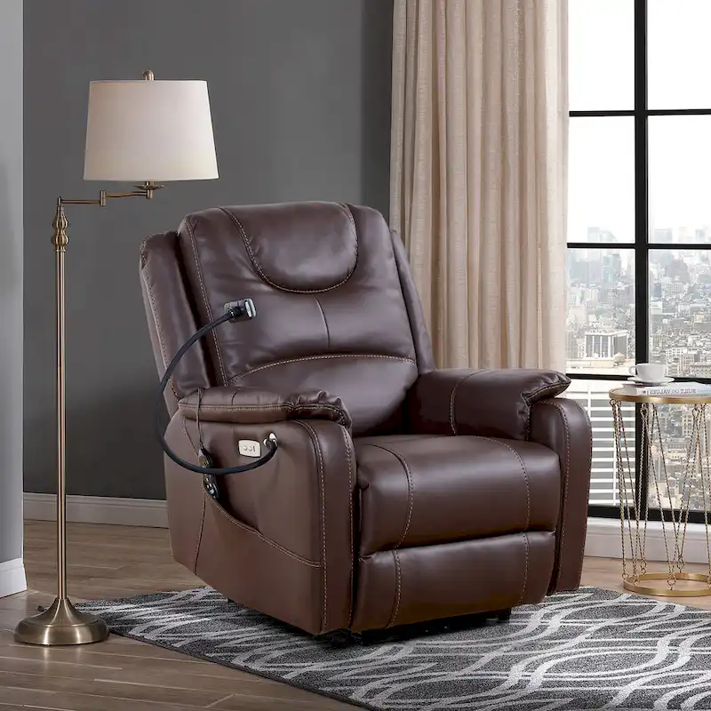 Brown / Black Faux Leather Power Recliner Chair with Massage & Heating, Single Seat