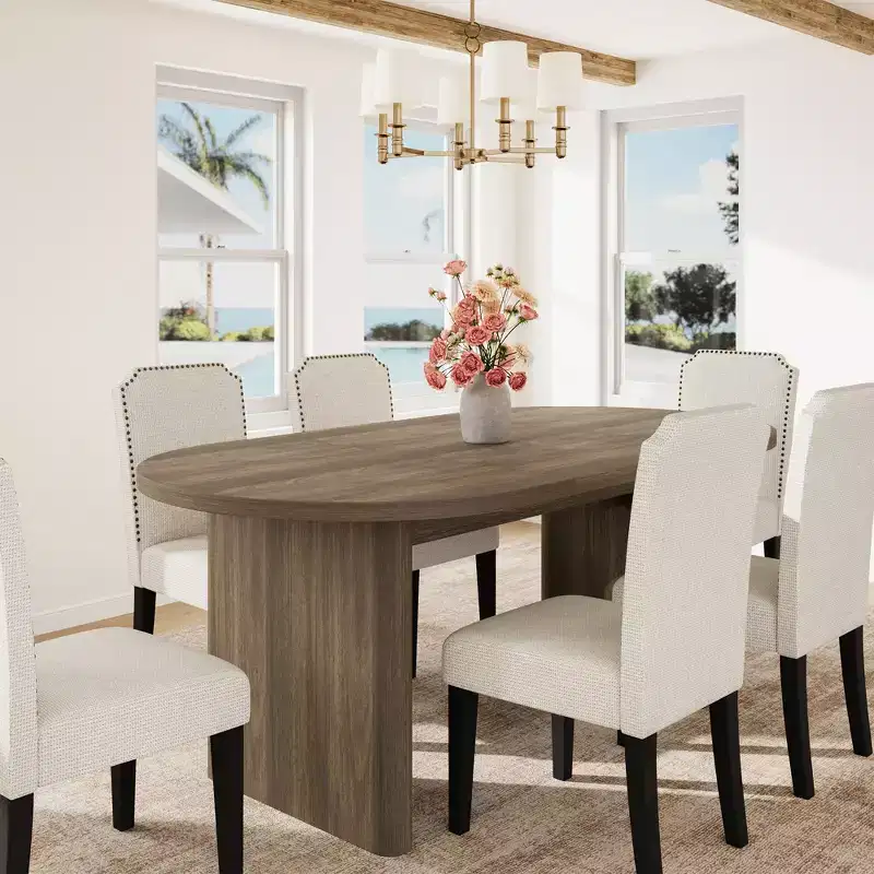 70.8 Inch Oval Dining Table with Upholstered Dining Chairs, Kitchen Table with Thick Sturdy Wooden Base, High Back Dining Chair with Solid Wood Legs