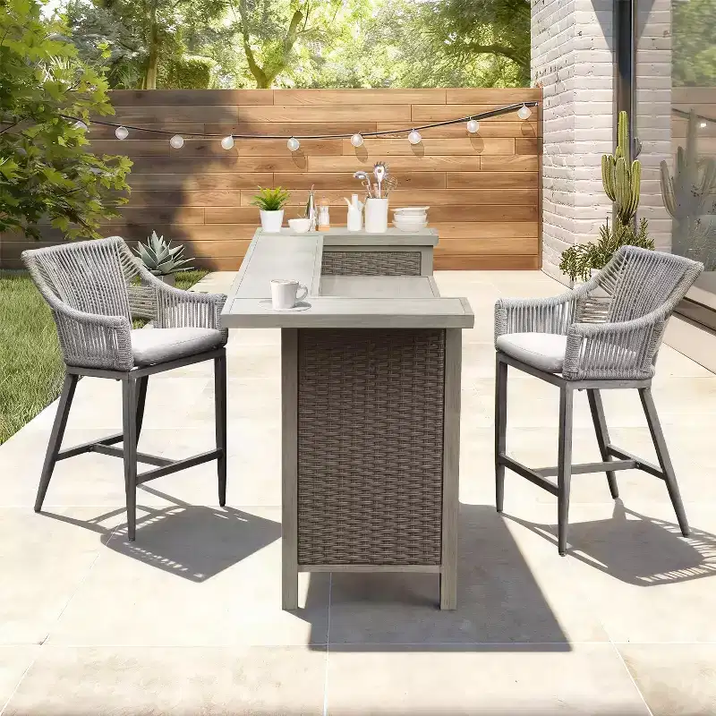 GDFStudio Viviane Farmhouse Patio 3 Piece Wicker Aluminum Bar Table Cabinet with Counter Height Stools
