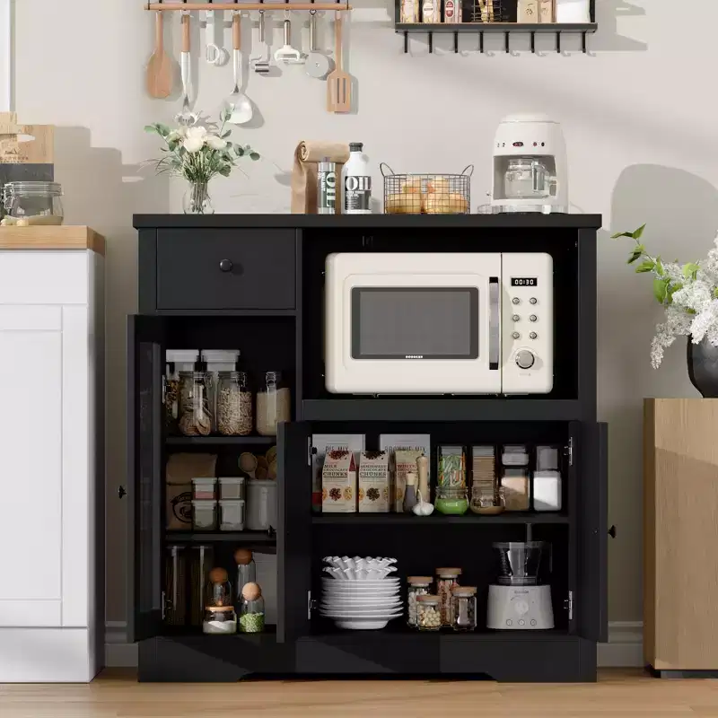 Modern Microwave Cabinet Buffet with Glass Doors Adjustable Shelf Storage Drawers and Wide Top