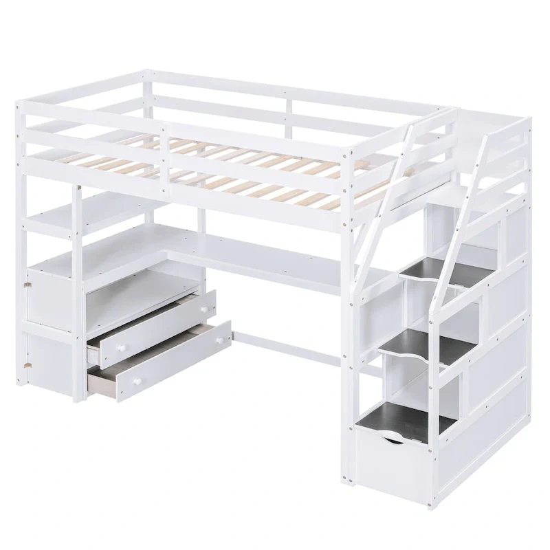 Twin Loft Bed with Desk, Shelves & 2 Storage Drawers, Pine & MDF, 95.1