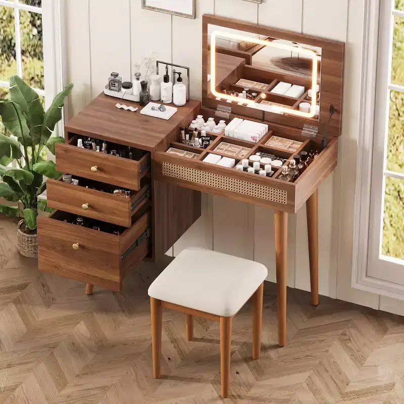 Makeup Vanity Desk Vanity Table Bohemian Dressing Table Set with Cushioned Stool, 3 Color Lighted Mirror & Flip-Top Tabletop, Walnut - ModernLuxe