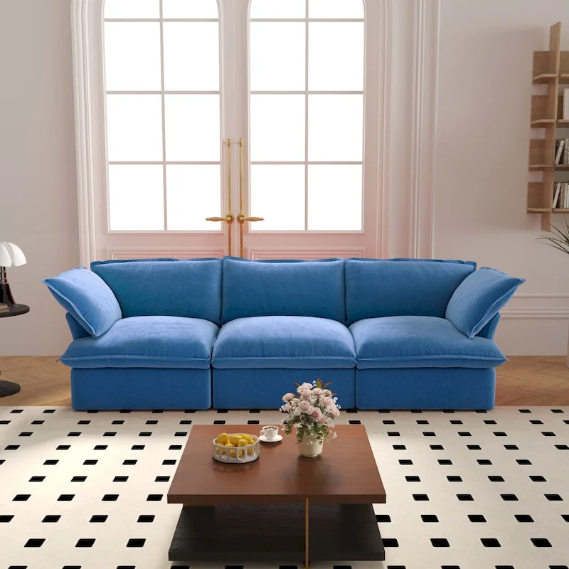 3-Seater Velvet Cloud Sectional Sofa, Down Feather Wide Deep Seat Modular Couch