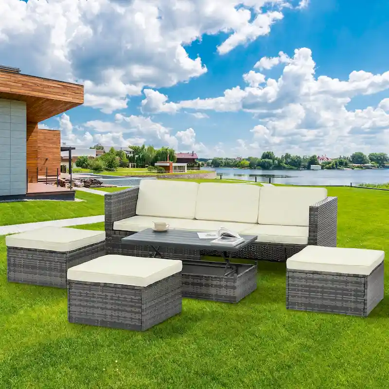 5 Piece Outdoor PE Wicker Sofa Set, Patio Conversation Furniture Set with Lift TOP Coffee Table and Lounger Sofa