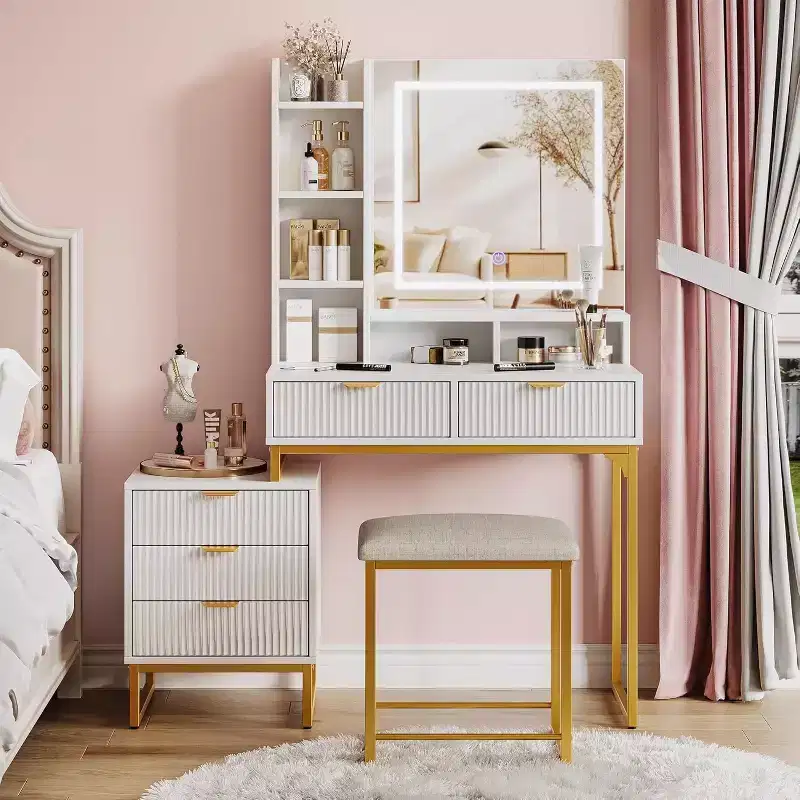 Makeup Vanity Desk with Mirror, Vanity Table Set With Cushioned Stool, Dressing Table With 5 Large Drawers, Bedroom Vanity for Women