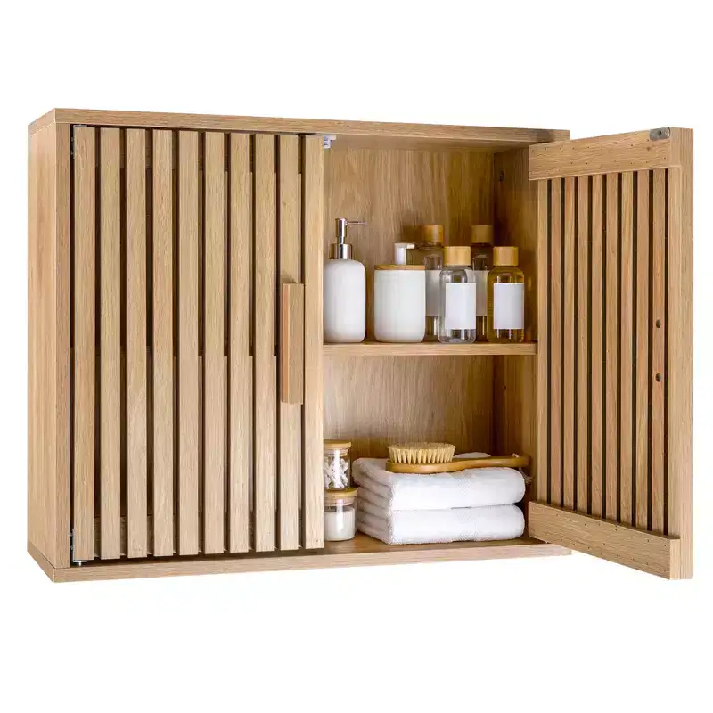 Bathroom Wall Cabinet – Wall Mounted, 2-Tier, Adjustable Shelf, Slatted Doors, Natural