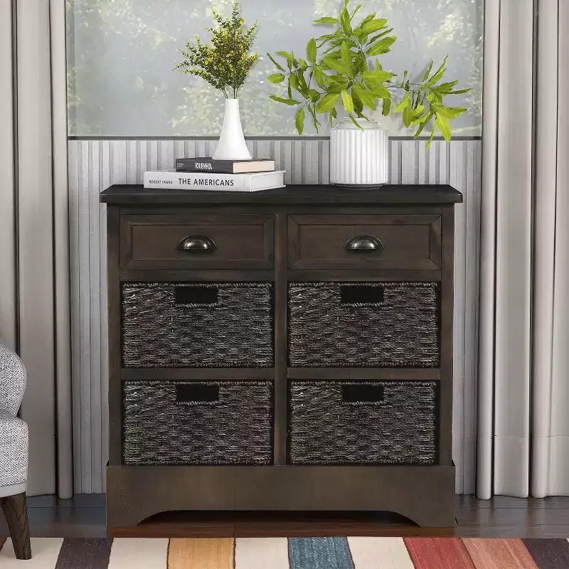 Whisen Rustic Storage Cabinet with Two Drawers and Four Classic Rattan Basket for Dining Room,Living Room