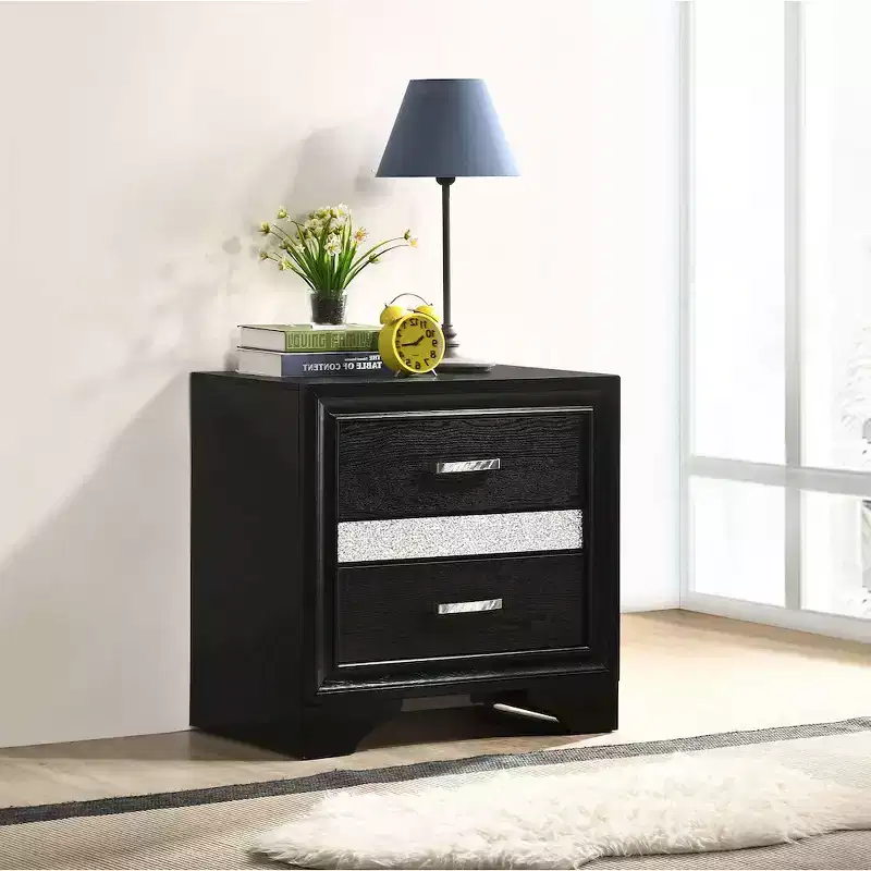 Black / White 2-Drawer Nightstand with Rhinestone Pulls, for 1
