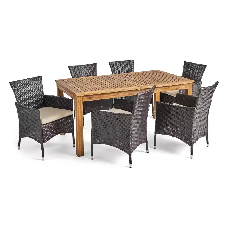 GDFStudio Aloha Outdoor Acacia Wood and Wicker 7 Piece Expandable Dining Set