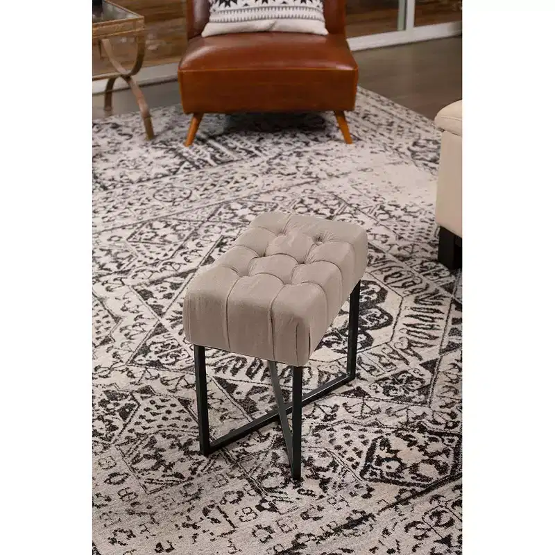 BirdRock Home Rectangular Tufted Beige Foot Stool Ottoman with Black Legs