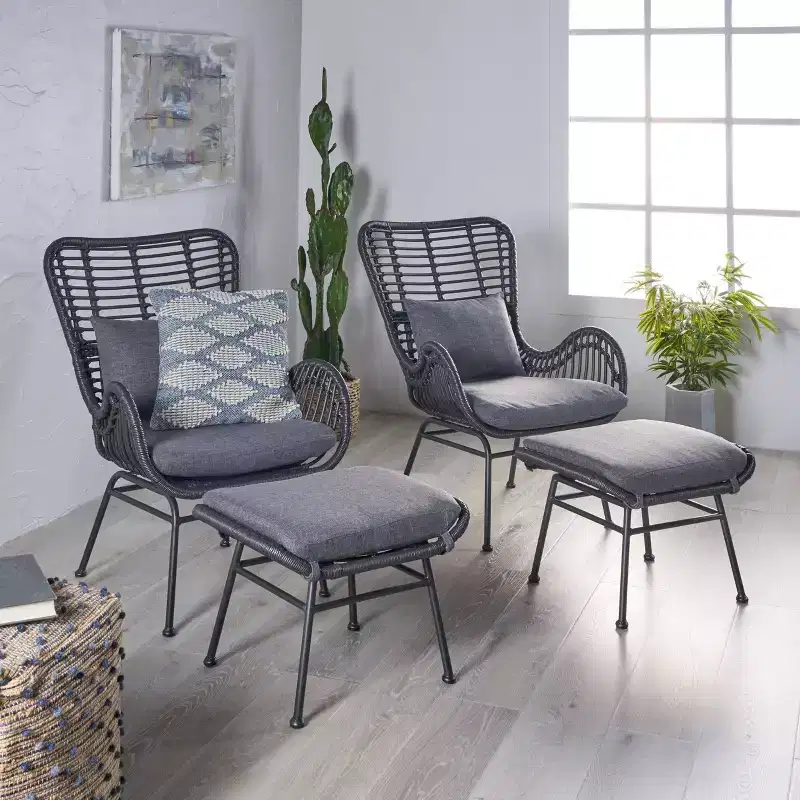 Chalet Modern Boho Chat Set Gray - Christopher Knight Home: Wicker & Metal Frame, 4-Piece Patio Ensemble