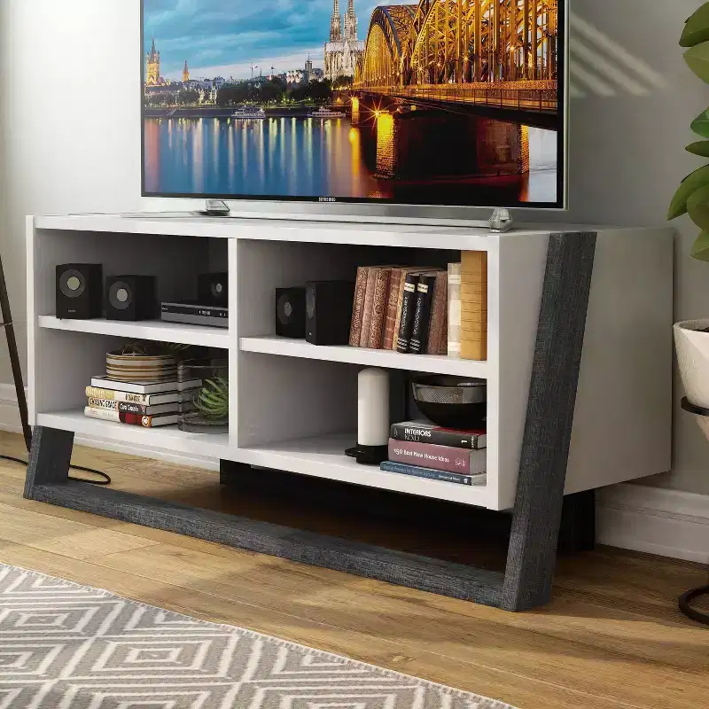 Small Etteridge Shelf TV Stand for TVs up to 56" Gray - miBasics: Transitional Style, Two-Tone Finish, Open & Adjustable Shelves
