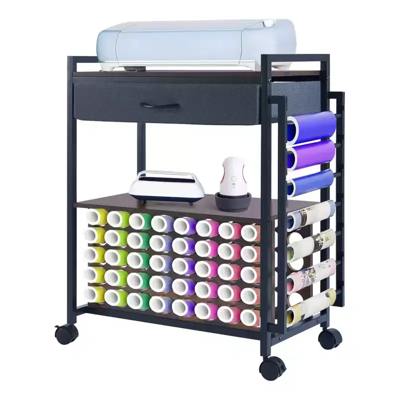 Mobile Craft Storage Cart with Vinyl Roll Holder & Heat Press Stand,Compatible Organizer with Wheels and Drawer for Craft Room