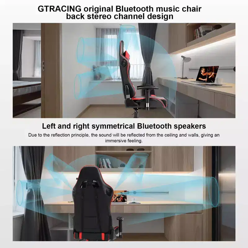 High-Back Gaming Chair with Bluetooth Speakers, PU Leather, Adjustable Arms & Lumbar, 300 lb Capacity, Red