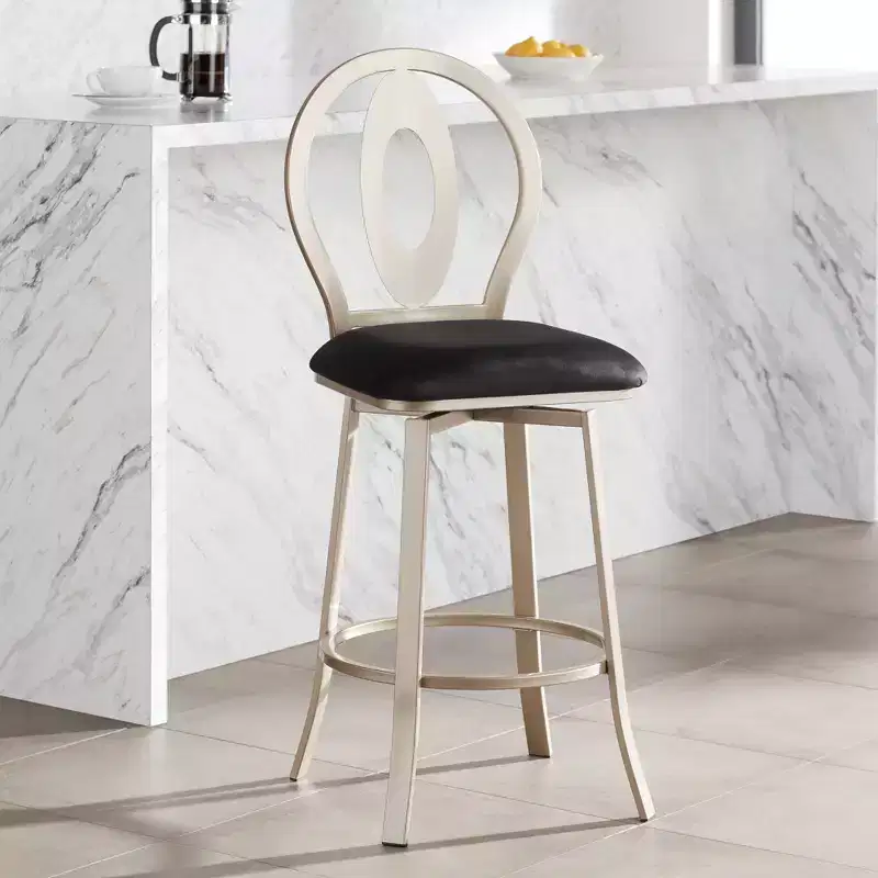 55 Downing Street Metal Swivel Bar Stool Champagne Gold 29 High Mid Century Modern Black Cushion with Backrest Footrest for Kitchen Counter Island