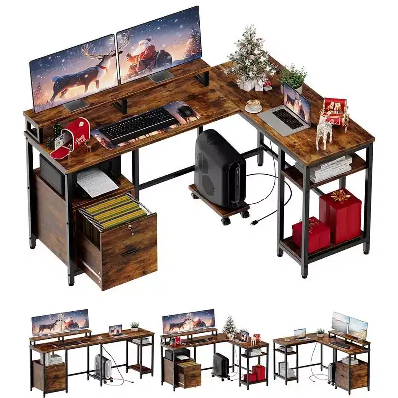 67-Inch L-Shaped Computer Desk with Power Outlet – 66.9