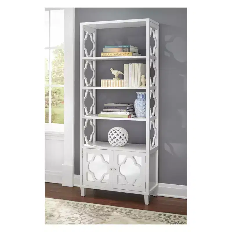 Lifestorey 72" Broadway Bookshelf White: Mid-Century Modern Storage Combination with Fixed Shelves & Doors