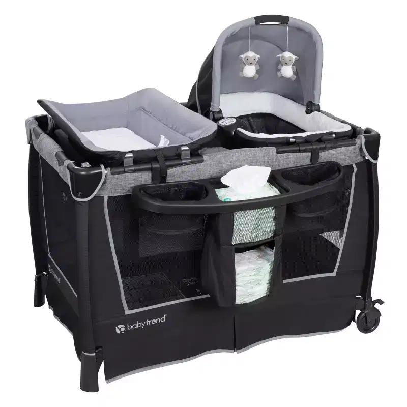 Quarry Gray Twins Playard with Dual Bassinets & Canopy