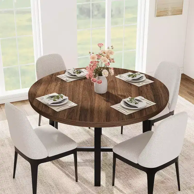 Round Dining Table, Industrial Dinner Table for 4 to 6, Wooden Kitchen Table with Sturdy Metal Frame & Rustic Finish