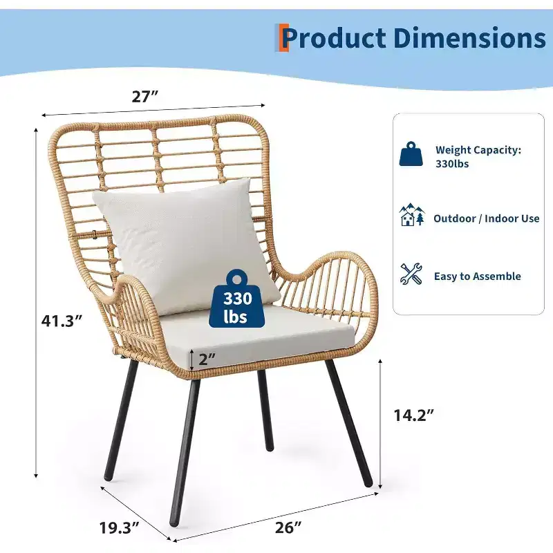 Patio Wicker Chairs Set of 2/4, Boho Rattan Accent Chairs with Cushions & Pillows, Indoor Outdoor Bistro Chairs for Patio, Balcony, Living Room