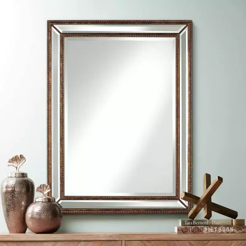Uttermost Palais Round Vanity Decorative Wall Mirror Vintage Rustic Beveled Mottled Bronze Beaded Frame 30 Wide for Bathroom Bedroom Living Room Home