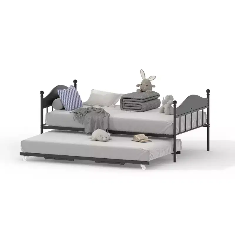 Daybed with Trundle, Metal Twin Size Day Bed with Stylish Headboard, Sofa BedFrame with Pop Up Foldable Trundle Bed, Heavy Duty Steel Slats Platform