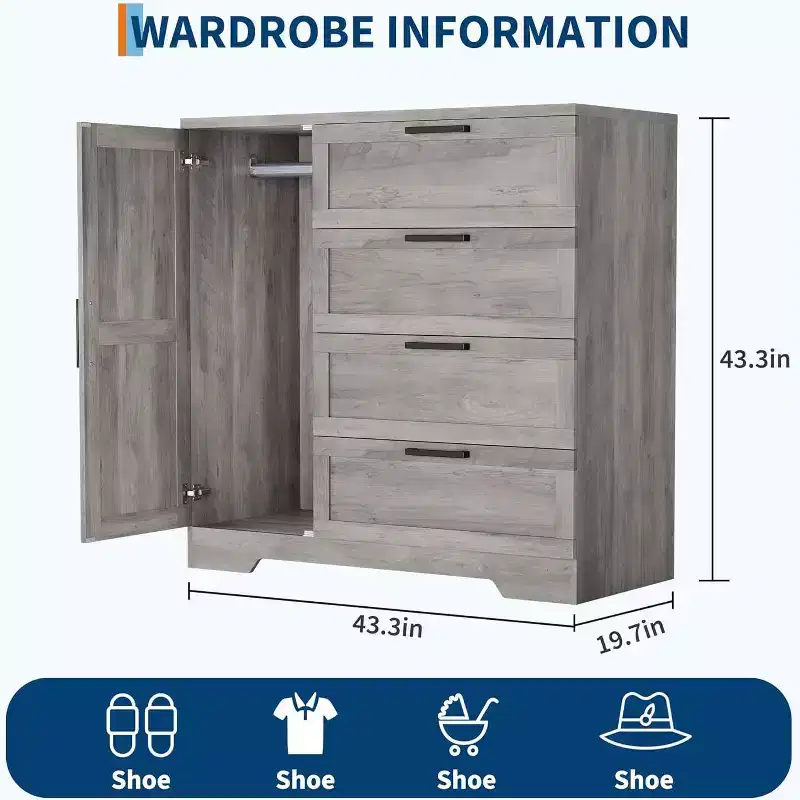 Wood Armoire Wardrobe Closet with 4 Drawers and Door, 43.3 H Bedroom Wardrobe Cabinet with Hanging Rod, Clothing Storage Cabinets