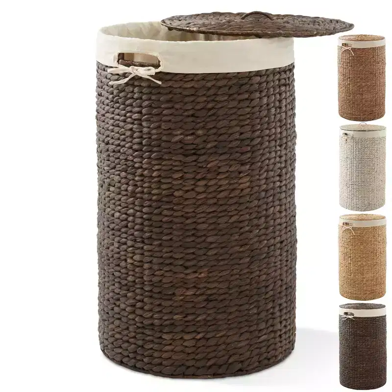 Casafield Round Laundry Hamper with Lid and Removable Liner Bag, Woven Water Hyacinth Laundry Basket for Clothes