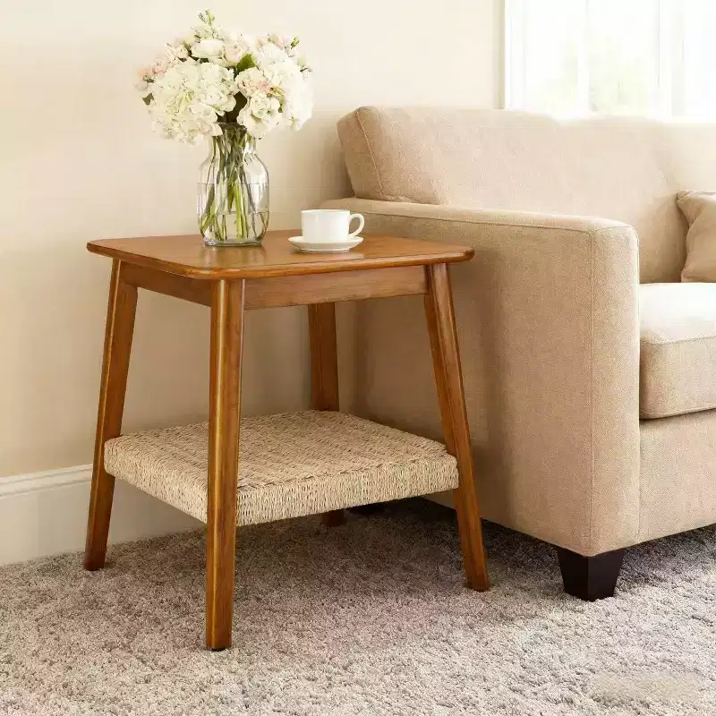 Homy Casa Mid-Century Wooden End Table with Woven Shelf, Walnut Finish