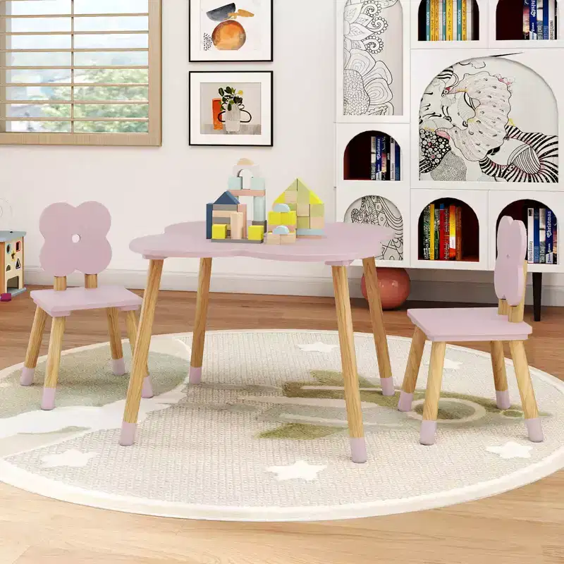 Flower-shaped Kids Table Set with 2 Child-sized Chairs Solid Pine Wood Legs Pink/White